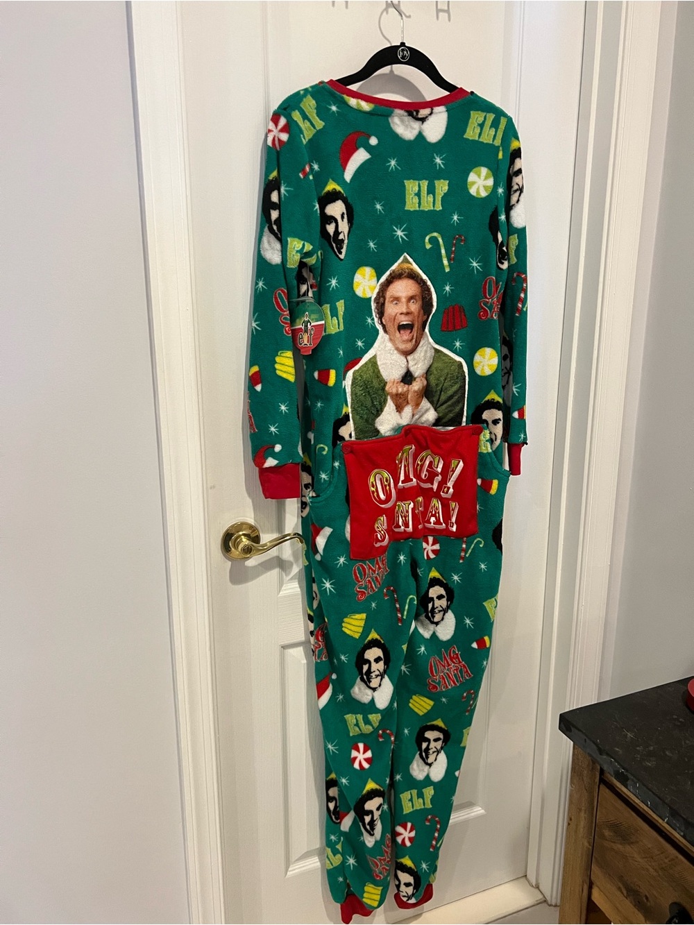 ELF Green Holiday Fleece Onesie Pajama with Red Trim - Picture 2 of 5